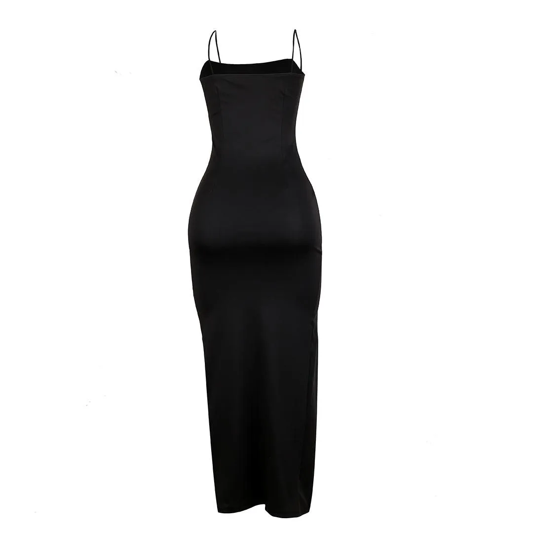 Women's Sexy Cowl Neck Bodycon Full Length Dress- Black