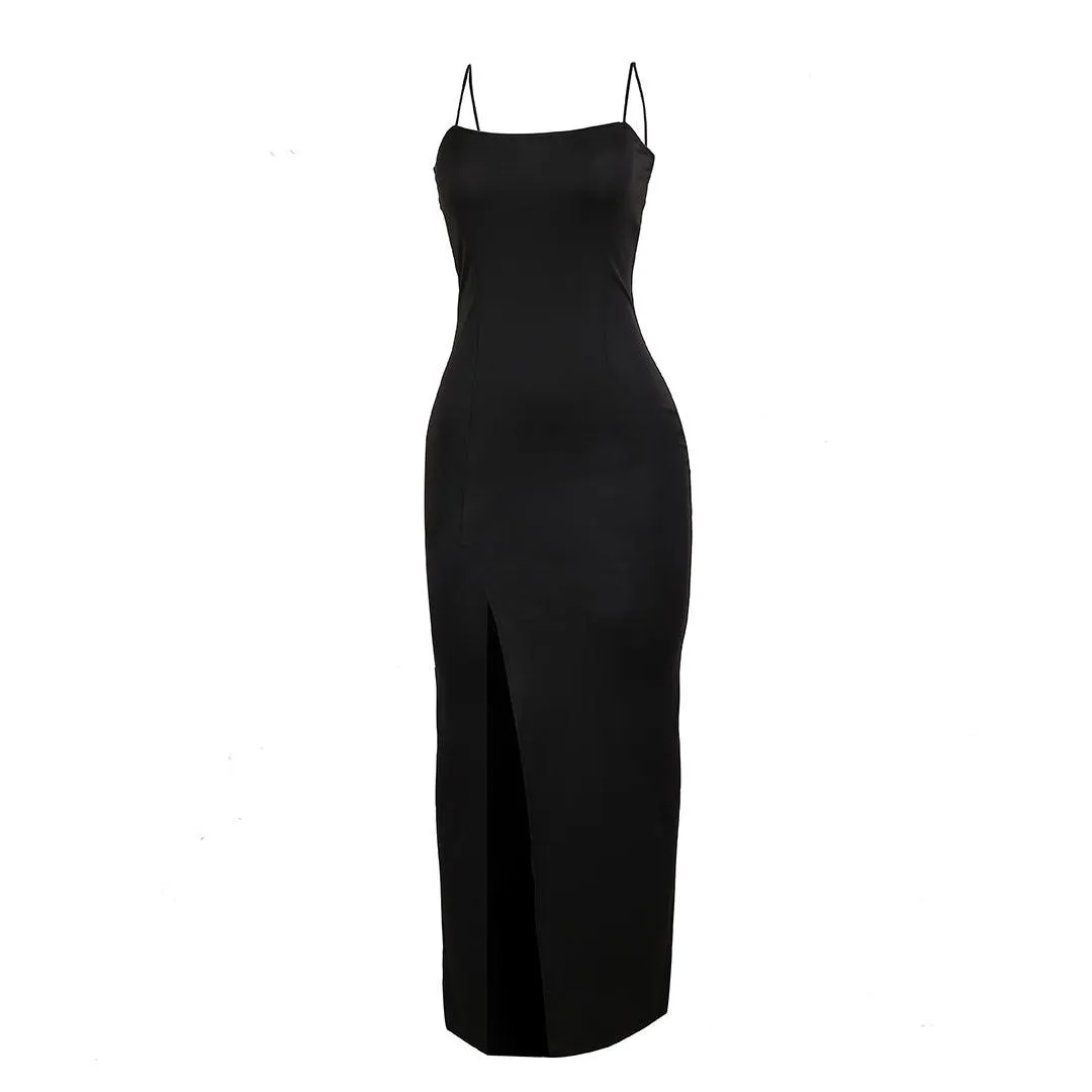 Women's Sexy Cowl Neck Bodycon Full Length Dress- Black
