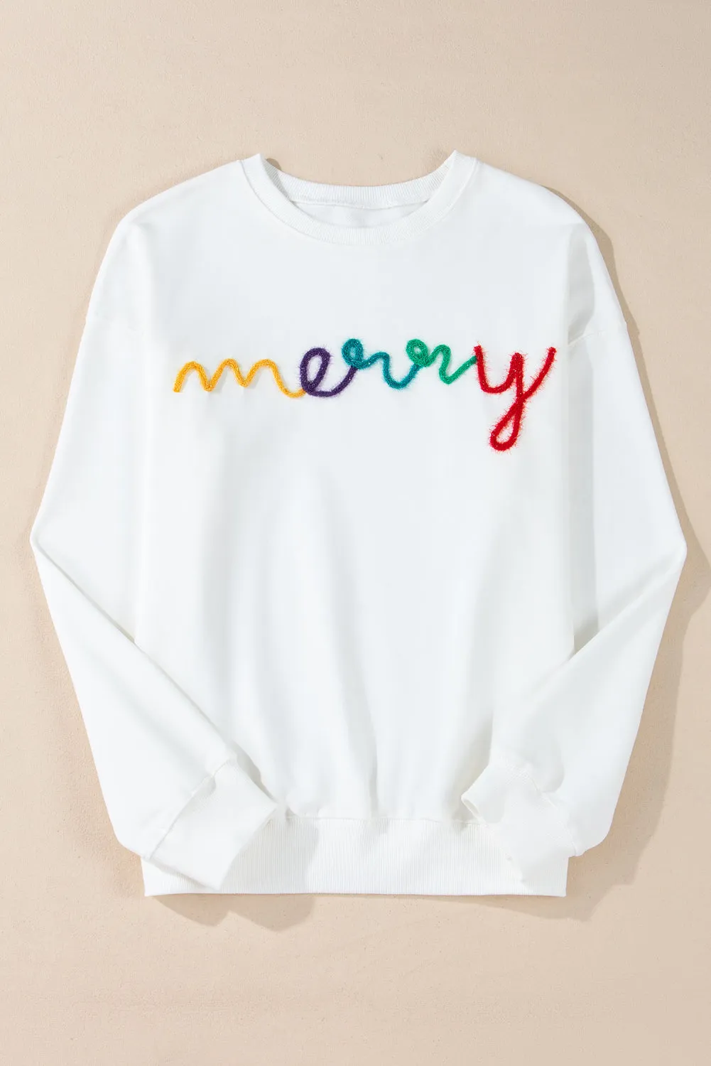 Womens White MERRY Embroidered Pullover Sweatshirt
