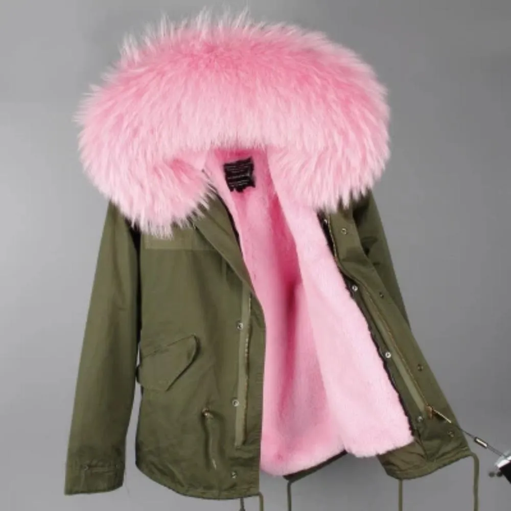 Women's Winter Casual Polyester Slim Thick Parka With Raccoon Fur