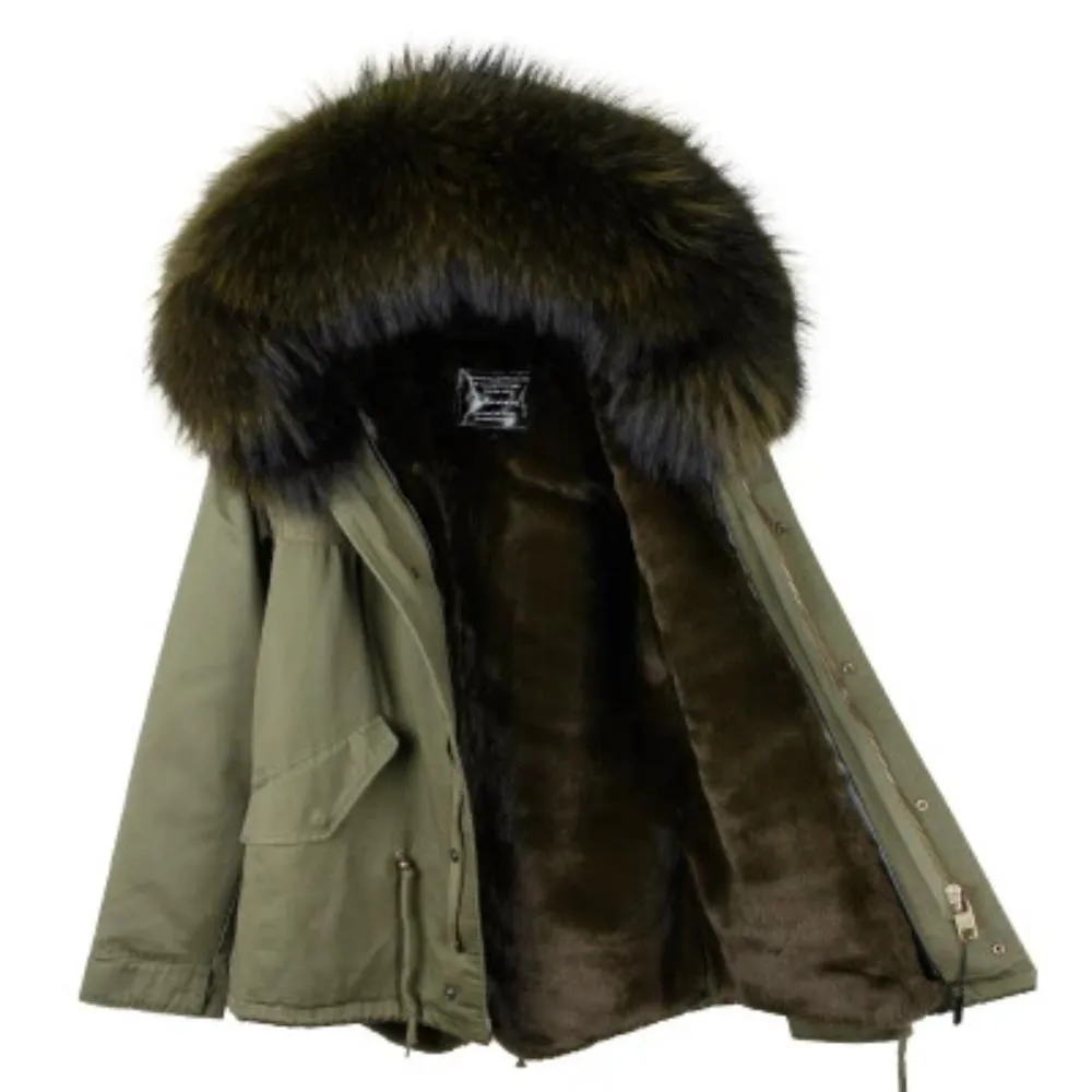 Women's Winter Casual Polyester Slim Thick Parka With Raccoon Fur