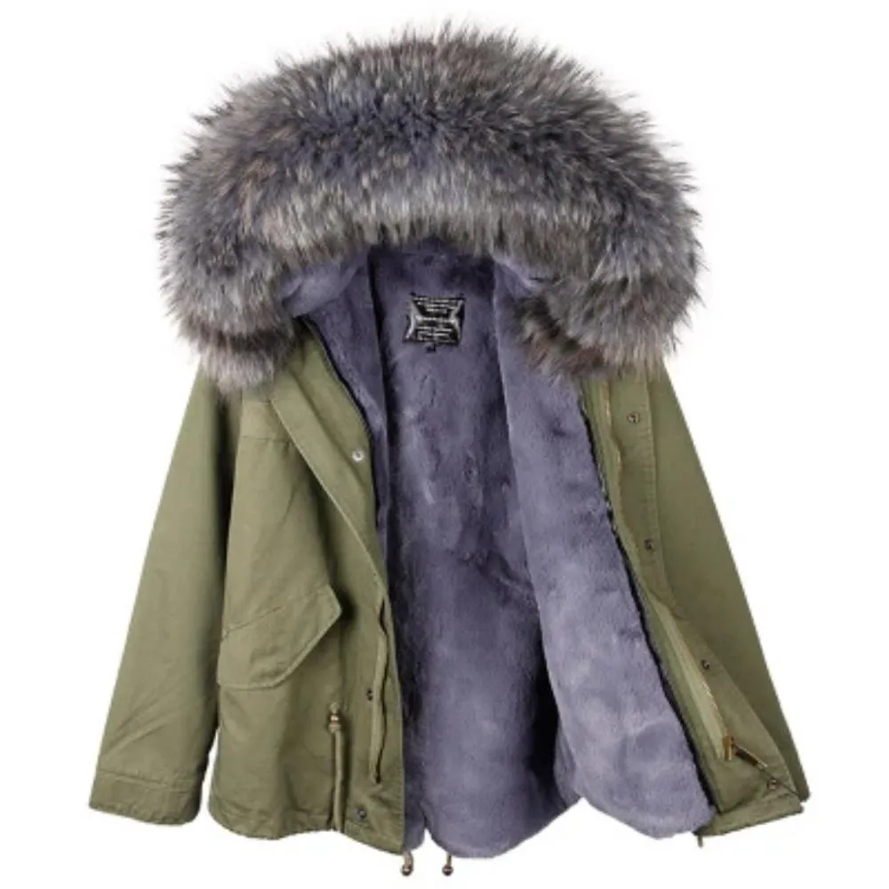Women's Winter Casual Polyester Thick Parka With Raccoon Fur
