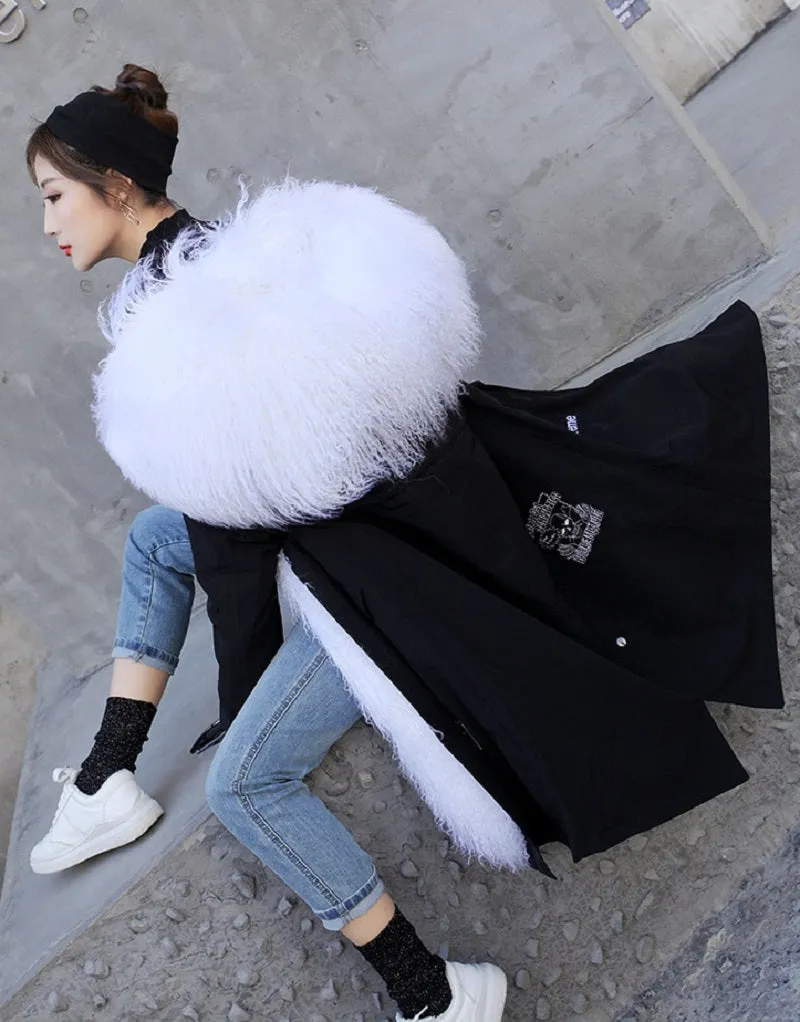 Women's Winter Warm Slim Long Parka With Sheep Fur