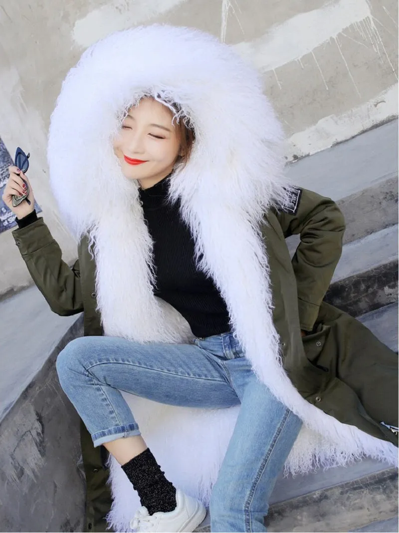 Women's Winter Warm Slim Long Parka With Sheep Fur