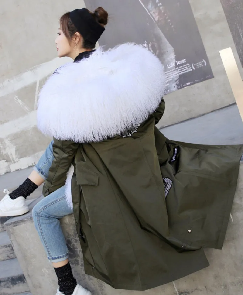 Women's Winter Warm Slim Long Parka With Sheep Fur