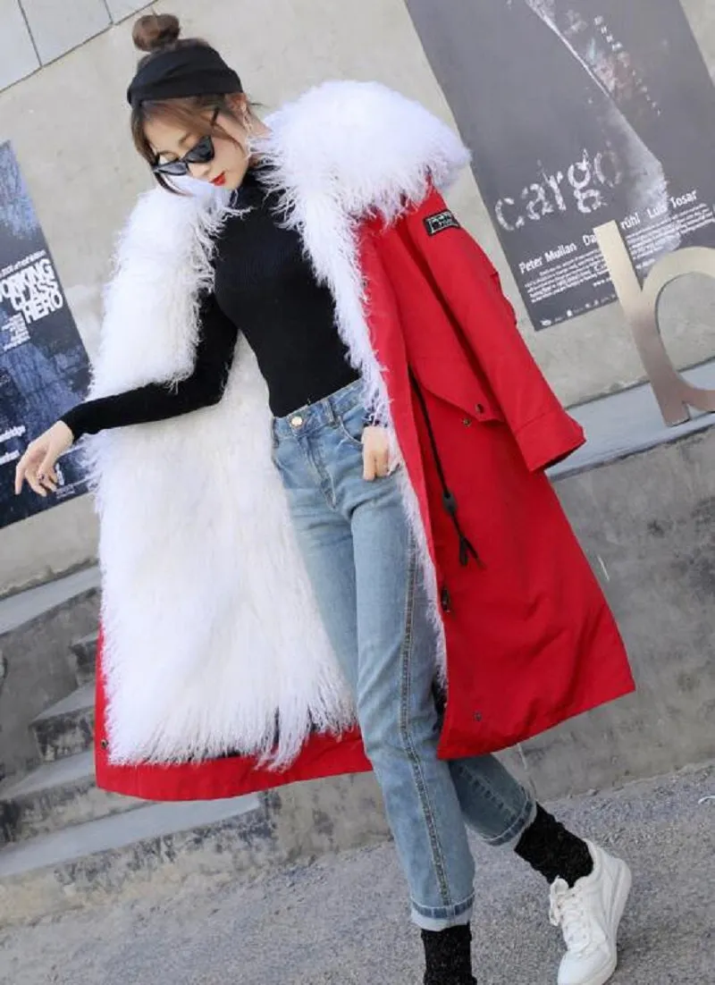 Women's Winter Warm Slim Long Parka With Sheep Fur