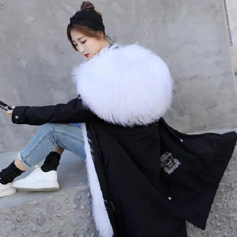 Women's Winter Warm Slim Long Parka With Sheep Fur
