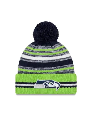 Youth Seattle Seahawks New Era 2021 NFL Sideline - Sport Official Pom Cuffed Knit Hat - Neon/Navy
