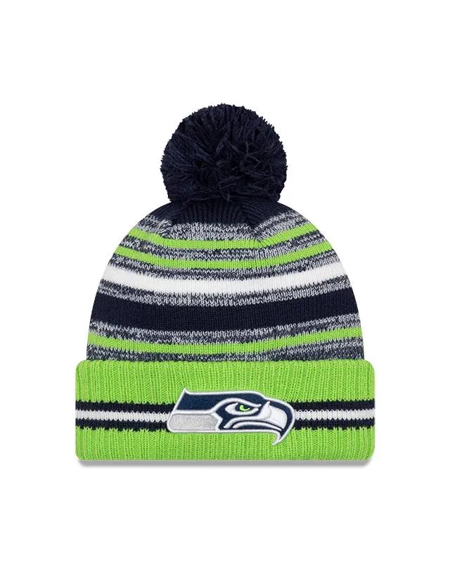 Youth Seattle Seahawks New Era 2021 NFL Sideline - Sport Official Pom Cuffed Knit Hat - Neon/Navy