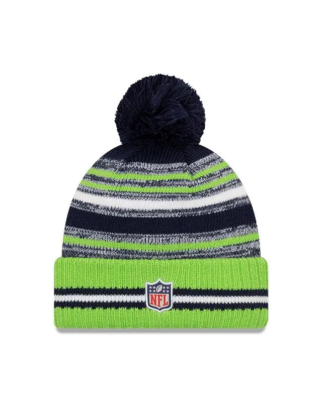 Youth Seattle Seahawks New Era 2021 NFL Sideline - Sport Official Pom Cuffed Knit Hat - Neon/Navy